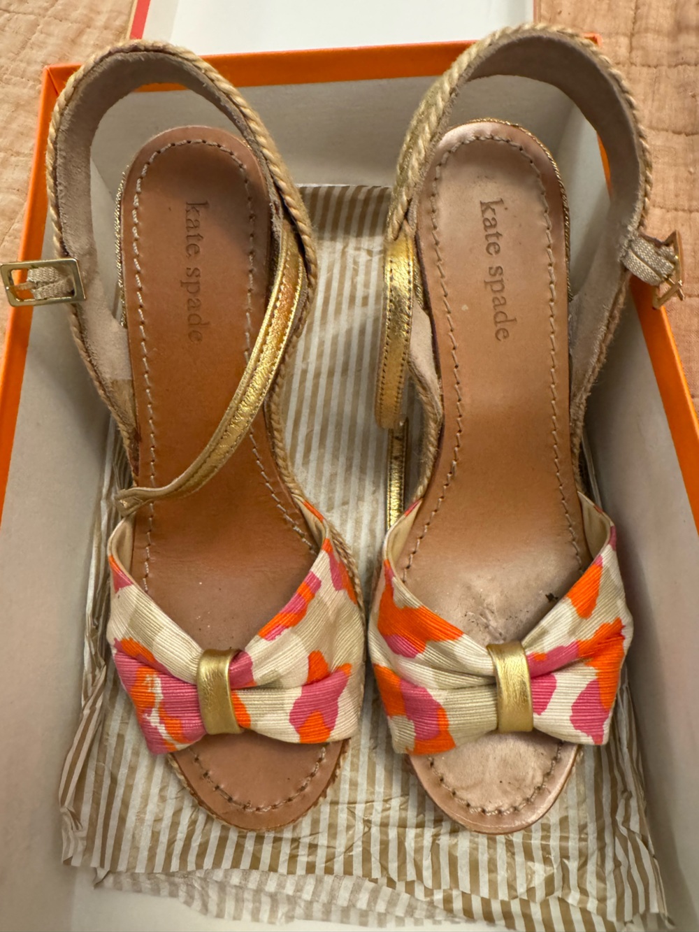 kate spade Gold Wedge Slingbacks with Pink & Orange Bow